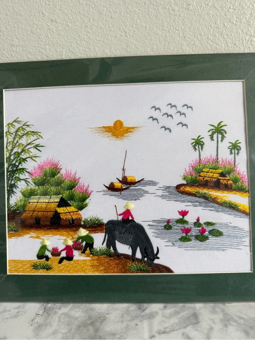 Vietnamese Hand-Embroidered Silk Landscape Village life Scene Wall Art 12x 10